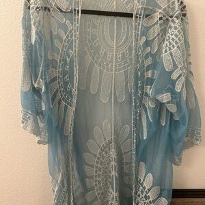 Chic Sheer Blue Lace Open-Front Blouse